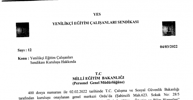 MEB'den Resmi Yazı: ''Yeni Bir Sendika Kuruldu''