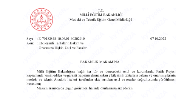 ''Etkileşimli Tahtaların Bakım ve Onarımları'' Mesleki ve Teknik Anadolu Liseleri Tarafından Yapılacak