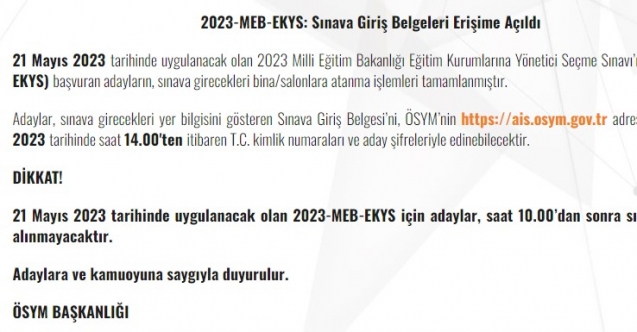 2023 MEB-EKYS Sınava Giriş Belgeleri Erişime Açıldı