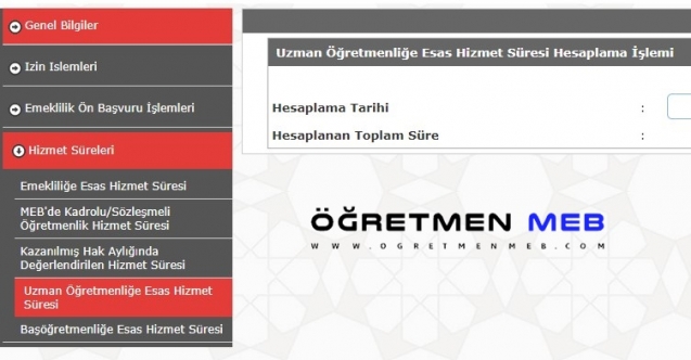 Uzman Öğretmenlik Hizmet Süresi Hesaplama