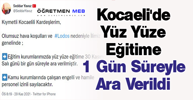 Kocaeli'de Yüz Yüze Eğitime 1 Gün Süreyle Ara Verildi