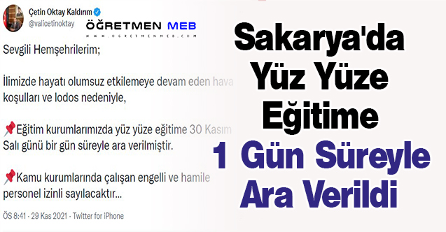 Sakarya'da Yüz Yüze Eğitime 1 Gün Süreyle Ara Verildi