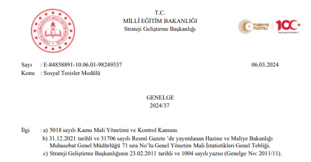 MEB'den ''Sosyal Tesisler Modülü'' Konulu Genelge