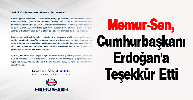 Memur-Sen, Cumhurbaşkanı Erdoğan'a Teşekkür Etti