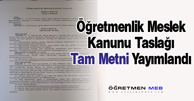 Öğretmenlik Meslek Kanunu Taslak Metni Yayımlandı